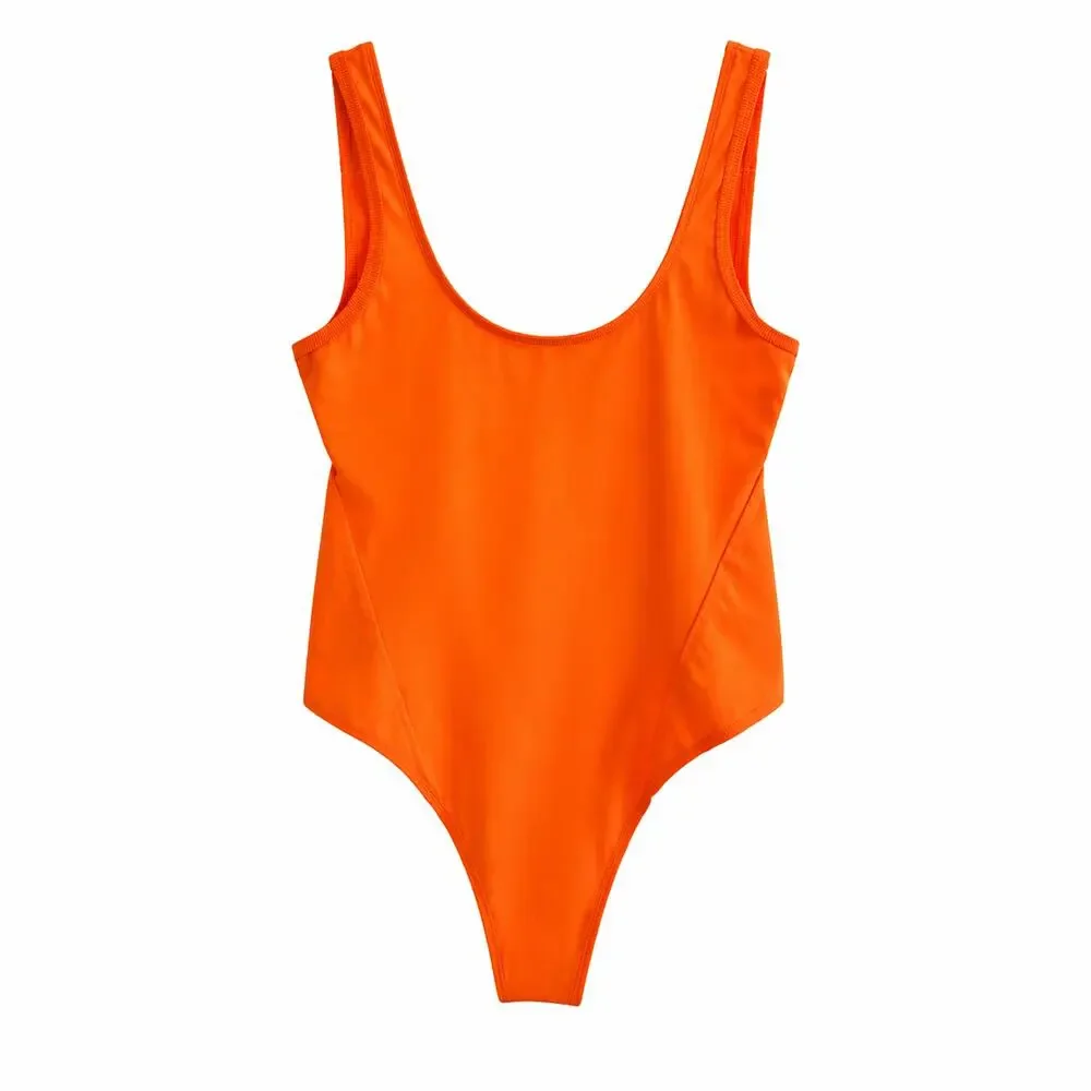 Free People Movement Orange Bodysuit Scoop Neck Stretch Fitted Everyday M sexy